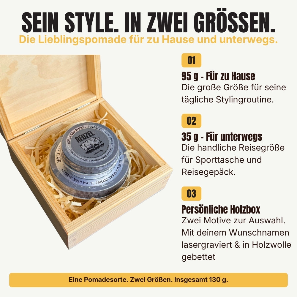 Reuzel Pomaden-Geschenkset in personalisierter Holzbox - 95 g + 35 g