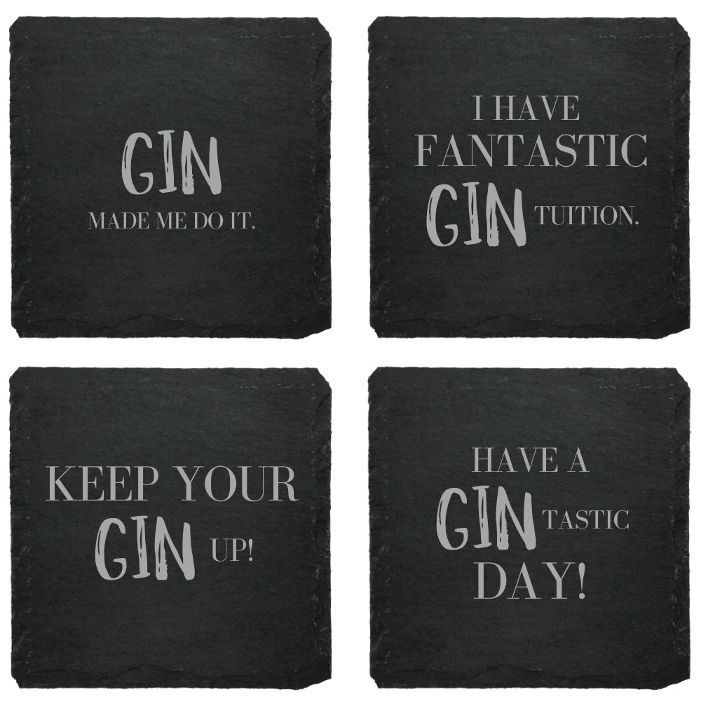 Slate gin coasters with various designs - set of 4