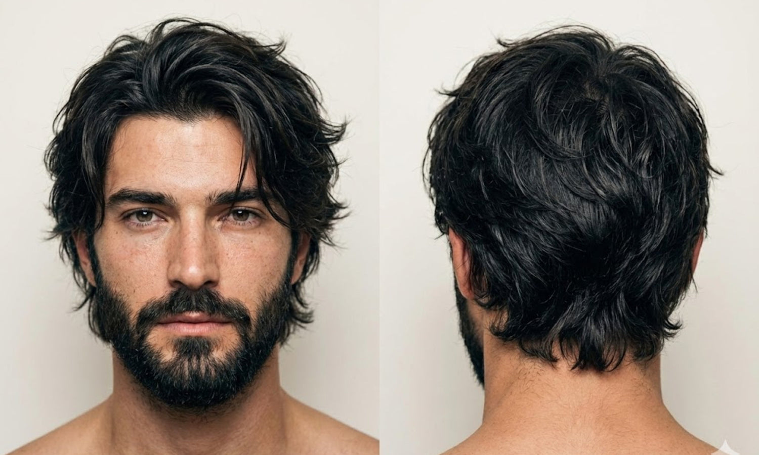 Moderner Wolf Cut für Männer mit dunklem Haar und Bart – Styling-Ansicht frontal und Profil